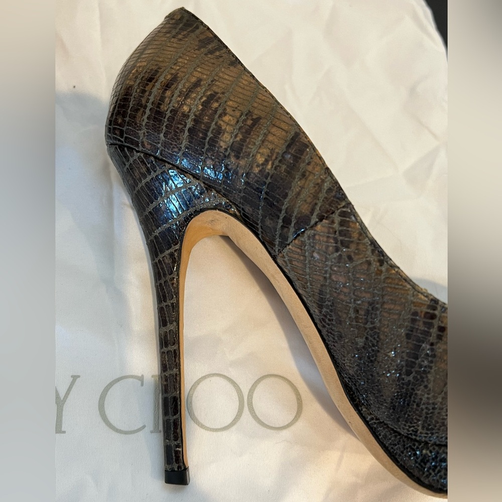 Jimmy Choo Gray Reptile Leather Peep Toe Stiletto High Heels 38 - Picture 3 of 9